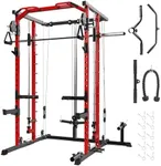 GarveeLife Smith Machine Squat Rack, Heavy Duty Strength Training Power Cage with Pulley System, Dip Bar, LAT Pulldown, Multifunctional Workout Machine for Home Gym, Studio, Red