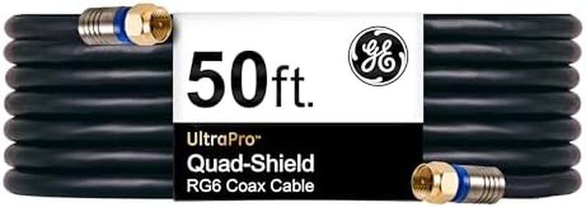 GE RG6 Coaxial Cable, 50 ft. F-Type Connectors, Quad Shielded Coax Cable, 3 GHz Digital, In-Wall Rated, Ideal for TV Antenna, DVR, VCR, Satellite, Cable Box, Home Theater, Black, 33532