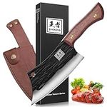 ENOKING Meat Cleaver Hand Forged Chef Knife High Carbon Steel Kitchen Butcher Knife with Full Tang Handle Leather Sheath Chopping Knife for Kitchen, Camping, BBQ