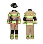 Kosgraiy Firefighter Costume for Kids,Tan Fireman Costume for Boy and Girl,Kds Fire Chief Costume Outfit,Halloween,9pcs,M