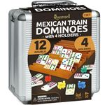 Queensell Mexican Train Dominoes Set with 4 Holders - Dominoes Double 12 with Wooden Hub and Tiles Holders - Double 12 Dominos Set for Family Game Night for Adults and Kids Ages 8 and up
