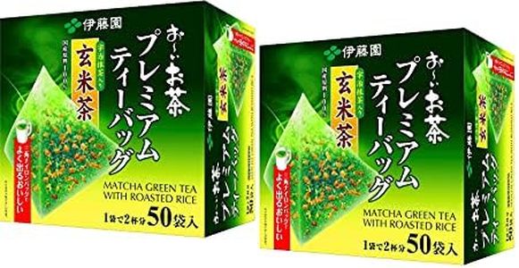 Itoen O~i Ocha Premium Matcha Green Tea with Roasted Rice, Japanese Green Tea Genmaicha with Matcha Uji and Grilled Rice, 1.7g Tea Bags, Pack of 2 Boxes (Total 100 Bags), Made in Japan