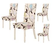 House of Quirk Elastic Chair Cover Stretch Removable Washable Short Dining Chair Cover Protector Seat Slipcover (Pack of 4, Cream Brown Leaf), Polyester