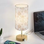 Lolikit Bedside Touch Lamp, Wood Small Table lamp with 2 USB Charging Ports & Flower Fabric Shade, 3-Way Dimmable Nightstand Lamps for Living Room Bedroom Office Reading Desk Home Dorm Pink