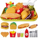 BUYGER Pretend Play Toy Food Sets for Children Kids Kitchen Take Apart Hamburger Burger Fast Food Accessories with Cutlery Tray Gifts for 3 4 5 Years Olds Kids Boys Girls