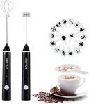 SIKITUT Rechargeable Milk Frother, Electric Foam Maker with 2 Stainless Steel Whisks, 3-Speed Handheld Mini Blender Bonus Extra 16 Pcs Art Stencils