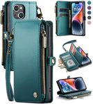 Defencase iPhone 14 Case, iPhone 14 Wallet Case for Women and Men RFID Blocking with Card Holder Slots Zipper Pocket Book Flip PU Leather Protective Cover for iPhone 14 Phone Case [6.1"], Blue Green