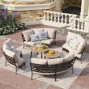 PHI VILLA Outdoor Patio Furniture Set 10 Piece, Round Sectional Curved Outdoor Sofa for 8 Persons with 2 Round Table for Garden, Poolside, Balcony, Backyard