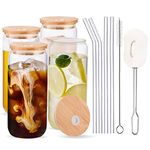 HEFBCOMK 4pcs Set 20 oz Beer Can Glass Cup, Iced Coffee Drinking Cups with Bamboo Lid and Glass Straws, Glass Tumbler for Cocktail, Whiskey, Soda, Tea, Water, Gift (20OZ)