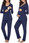 Irdcomps Women's Maternity Pyjamas Set Cotton Breastfeeding Nursing Nightwear PJ Set Long Sleeve Sleepwear Pregnancy for Hospital Home Navy Blue M