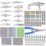 291pcs Unpainted Fishing Lures Blank Crankbaits Minnow Hard Baits Kit Contains Fishing Pliers Treble Hooks Fishing Split Rings Fishing Lure Sticker 3D Eyes DIY Bodies for Bass Trout Salmon