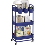 JIUYOTREE 3-Tier Plastic Rolling Storage Cart Utility Cart with Extra Hanging Cups Handles Lockable Wheels for Living Room Bathroom Kitchen Office Blue