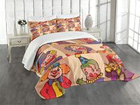 Lunarable Circus Bedspread, Funny Clowns Illustration Print Entertaining Childhood Joke Enjoyment Theme, Decorative Quilted 3 Piece Coverlet Set with 2 Pillow Shams, King Size, Coral Red