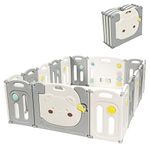 GYMAX Baby Playpen, 12/16 Panel Foldable Playard with Lockable Door and Non-Slip Suction Cup, Toddlers Safety Activities Play Centre for Indoor & Outdoor (16-Panel)