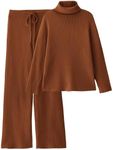 LILLUSORY Women 2 Piece Outfits Winter Clothes Turleneck Sweater Matching Lounge Sets Wide Leg Pants 2024 Fall Trendy Two Piece Cozy Ribbed Knit Sweatsuits Sweat Suit Travel Loungewear Brown XL