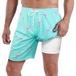MILANKERR Compression Underwear for Men Swim Suits Mens Lined Swimming Trunks Mens Bathing Suit with Boxer 7" Green Flamingo Size Small