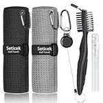 Seticek 2 Pack Golf Towel (16" X 16") with Golf Club Brush, Microfiber Waffle Pattern Golf Towels for Golf Bags for Men,Essential Golf Combo Cleaning Kit with Spray Bottle(Black+Gray)