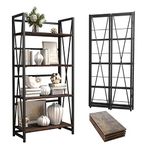 4 Tier Folding Bookshelf, Easily Assembled Bookcase Industrial Freestanding Multifunctional Decorative Storage Shelf, Rustic Vintage Wooden Metal Bookcase for Living Room Home Office