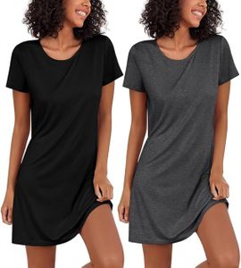 Ekouaer Chemise de Nuit Femme Manches Courtes 2pcs Robe de Nuit Col Rond Vêtements de Nuit Sexy Nuisette Femme Ete, Gris + Noir, M