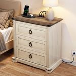 YITAHOME Farmhouse 3-Drawer Nightstand with Built-in USB Charging Ports | Open Shelf Storage Cabinet | End Table for Sofa & Bed | Off-White & Walnut Grain Finish