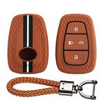 Keyzone® Striped Key Cover and Keyring Compatible for Nexon, Harrier, Tigor BS6, Tigor EV, Safari 2021, Altroz, Safari Gold, Gravitas, Punch Smart Key (Brown with Brown Leather Thread Keyring)