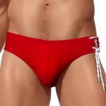 FEOYA Men's Swimming Briefs with Pouch Sexy Low Rise Swim Briefs for Men Summer Bikini Bottoms Color Block Swimming Costume Drawstring Sport Swimwear Micro Swimming Trunks Beach Padded Underwear Red L