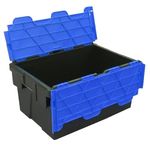 Plastor Pack of 5 - Plastic 55 Litre Heavy Duty Storage Box Tote Crates (60 x 40 x 30.6cm) Black with Blue Attached Hinged Lids