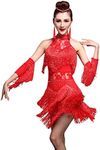 Z&X Women's Rhinestone Tassel Flapper Latin Rumba Dance Dress 4 Pieces Outfits Medium Red, Tag M, Fit 2-4