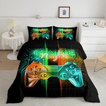 Gamer Comforter Kids Gaming Video Game Comforter Set for Boys Teens Noverlty Modern Gamepad Bedding Set Breathable Gamer Console Bedding Duvet Set Bright Orange Green Room Decor Full Size