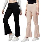 BLINKIN Ribbed Stretchable Flared Pants for Women|Boot Cut Bell Bottom Pants for Women -Ideal for Yoga,Gym Wear, Casual Wear & Office Wear Trousers for Women (Color_Black-Beige,Size_4XL)