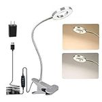 DLLT 6W Led Reading Light with USB Port, Clip on Headboard Desk Lamp Eye-Care 2-Lights Color Changeable for Desk, Working, Studying, Dorm, Piano Lighting, Adapter Included, Silver