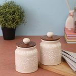 White Hand Painted/Embossed Ceramic Air Tight Jars/Barnis Set of 2