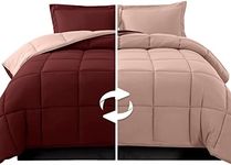 Elegant Comfort 3-Piece Reversible Comforter Set, All Season Cozy, Soft Down Alternative, Quilted - Box Stitched - Duvet Insert with 4 Corner Tabs, Comforter with Shams, Queen, Burgundy/Dusty Rose