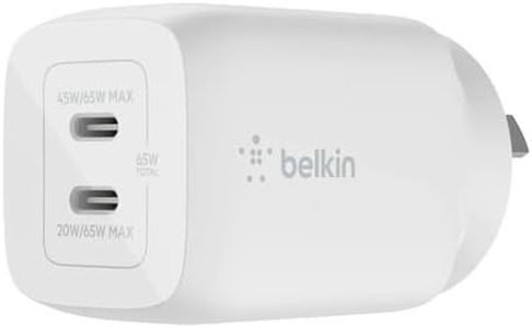 Belkin 65W Dual USB Type C Wall Charger, Fast Charging Power Delivery 3.0 with GaN Technology for iPhone 15 14 13 Pro, Pro Max, Mini, iPad Pro 12.9,MacBook, Galaxy S24, Plus, Ultra & More - White