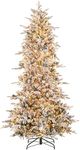 Goplus 7.5ft Pre-Lit Snow Flocked Christmas Tree, Artificial Hinged Xmas Tree with 350 Warm-White Incandescent Lights, 1107 Branch Tips, Natural Pinecones, Metal Stand, for Holiday Office Home Decor