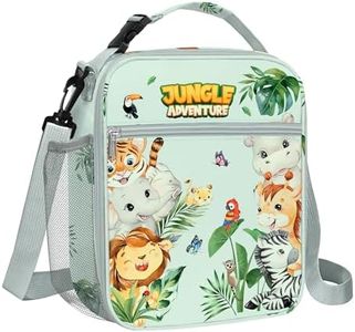 Clastyle Green Jungle Animal Insulated Lunch Bag for Kids, Portable Large Thermal Cooler Lunch Bag for Boys Girls, School Lunch Box Bag with Bottle Holder