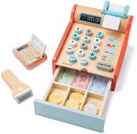 New Classic Toys 10650 Wooden Cash Register Set Pretend Play Kids Cooking Simulation Educational Color Perception Toy for Preschool Age Toddlers Boys Girls, Red