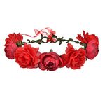 SYGA Rose Floral Crown Hair Wreath Leave Flower Headband Tiara with Adjustable Ribbon_Red for Women