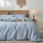 LIFETOWN 100% Washed Cotton Duvet Cover Set Linen Feel Natural Wrinkle Lightweight Comfy (Queen, Cornflower Blue)