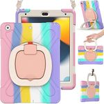 iPad 10.2 Case 9th Generation 2021 / 8th Gen 2020 / 7th Gen 2019,Heavy Sturdy Shockproof Kids Case,Rotating Stand/Pencil Holder/Carrying Strap for iPad 10.2 Inch (Rainbow Pink)