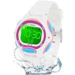 Edillas Kids Watches Digital for Girls Boys,7 Colors Waterproof Learn Time Watches for Child Sport Outdoor Multifunctional Wrist Watches with Stopwatch/Alarm (White-8207L)