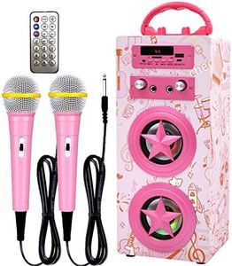 IndeCool Kids Bluetooth Karaoke Speaker with 2 Microphones, Wireless Rechargeable Portable Karaoke Machine Speaker Music MP3 Player for Kids Adult Party Gift (Pink)