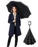 Alexvyan 48 Inch Black Star Design Inverted Reverse Upside Down Umbrella, Extra Large Double Canopy Vented Windproof Manual Open Waterproof Summer UV and Rain Umbrellas with C-shape Handle