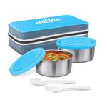 MILTON New Mini Lunch Box with Insulated Fabric Jacket, 2 Containers (2 Stainless Steel 280 ml Each, Spoon & Fork), Leak-Proof Tiffin for Office, School, College, Cyan