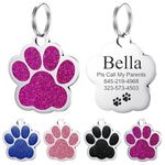 YEHANTI Personalized Dog Tags Engraved Pets for Dogs and Cats, Glitter Paw Print Custom Dog Tags Personliazed, Durable Stainless Steel Dog ID Tags, Laser Engraving Customized Dog Name Tags (Rose Red)