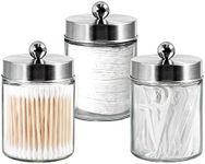 Komashr 3PC Apothecary Jar Canisters Bathroom Vanity Organizer - Qtip Holder Storage Countertop & Stainless Steel Lids &Cute Stickers for Qtips,Cotton Swabs,Makeup Sponges,Floss (Brushed Nickel)