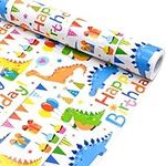 Kids Dinosaur Birthday Wrapping Paper Roll，Topeedy 43cm*10m Eco Friendly Gift Wrap Printed with Dinosaur and Balloon for Children’s Birthday Decoration- HB balloon