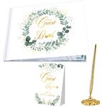 Wedding Guest Book Set Wedding Memory Book Lined Wedding Registry Guestbook with Gold Pen and Holder, Guest Sign in Table Card, Hard Cover with Gold Foil, for Baby Bridal Shower,7x9inch (Eucalyptus)