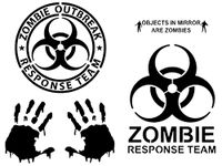 Zombie Decal 4 Pack: Zombie Outbreak Response Team, Objects in Mirror are Zombies, Bloody Hands, Zombie Response Team Decals (Large ~5", Black)