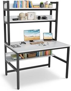 Aquzee Computer Desk with Hutch and Bookshelf, 140cm Wide White Home Office Desk with 3 Tier Storage Shelves, for Study Writing Work, Easy Assemble